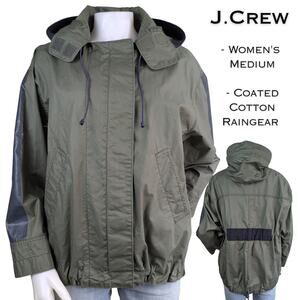 J. Crew Rain Jacket Womens Medium Olive Green Black Coated Cotton Hooded Utility